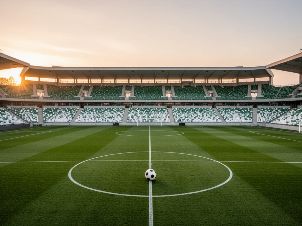 Piękny stadion piłkarski Śląska Wrocław o zachodzie słońca, pusta murawa z piłką gotową do meczu i statystyk.