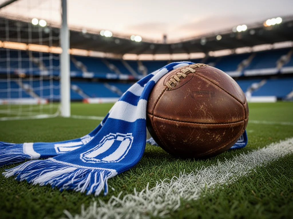 Niebiesko-biały szalik i piłka na murawie stadionu, symbolizujące historię i sukcesy Wisły Płock.