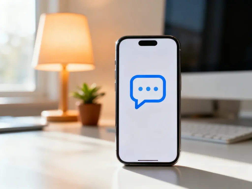 Nowoczesny smartfon z ikoną dymka czatu na ekranie, symbolizujący komunikację wirtualną w przytulnym domowym biurze.