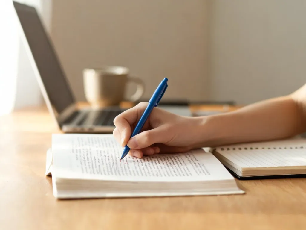 Dłoń podkreślająca wyraz w otwartej książce do gramatyki polskiej na biurku, obok notes, laptop i kubek.