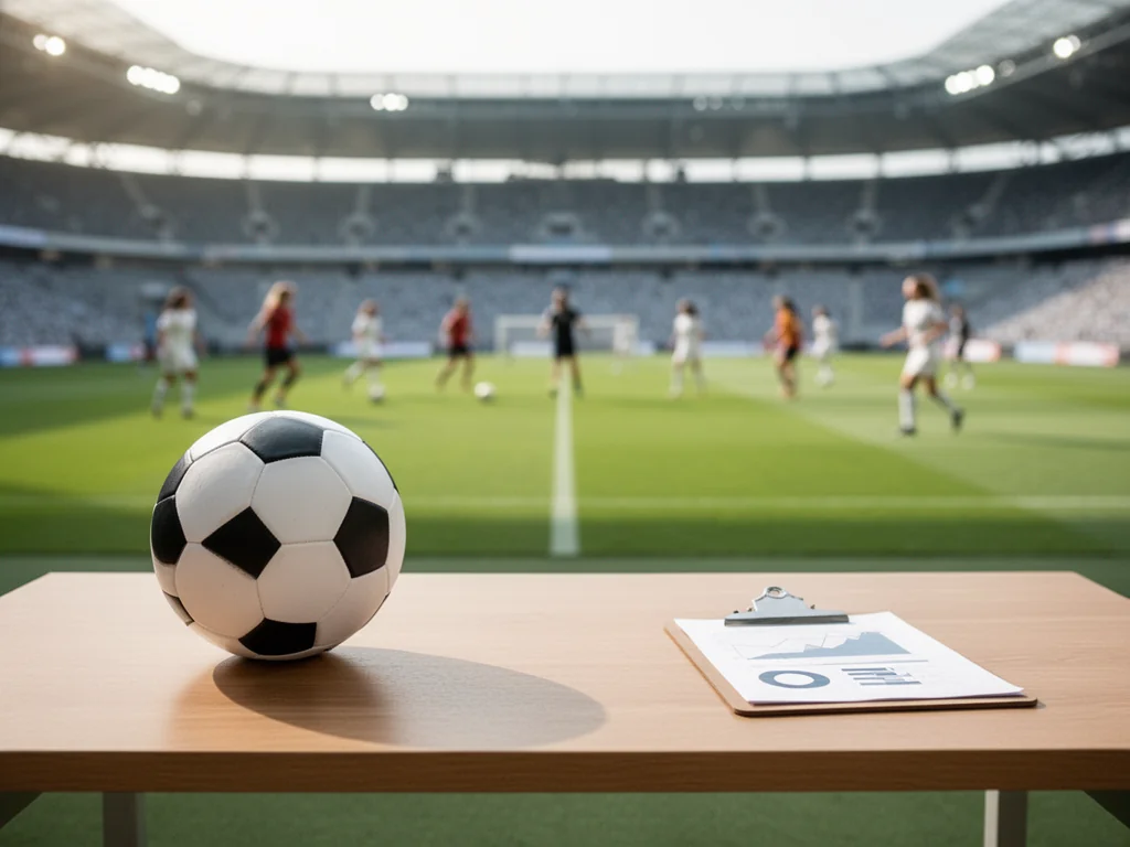Piłka nożna i tablica z wykresami na biurku na tle stadionu, symbolizujące analizy i rankingi Ligi Narodów UEFA kobiet.