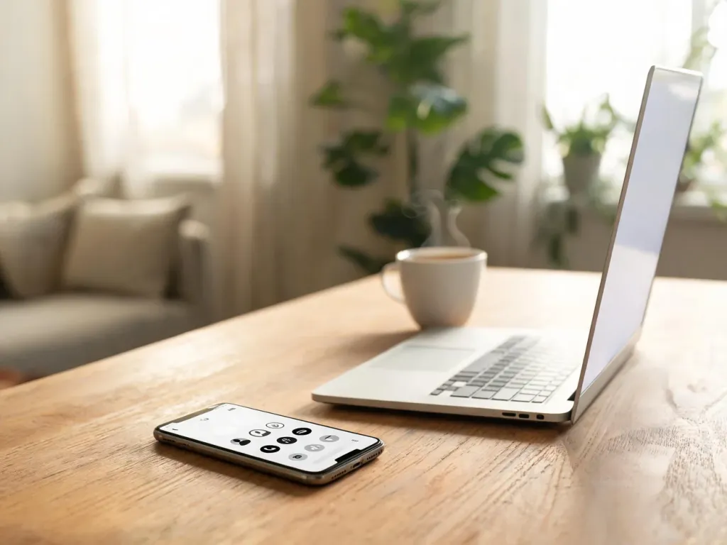 Smartfon z ikonami kontaktu obok laptopa na biurku domowym, symbol wygodnego kontaktu z Mój Tauron online
