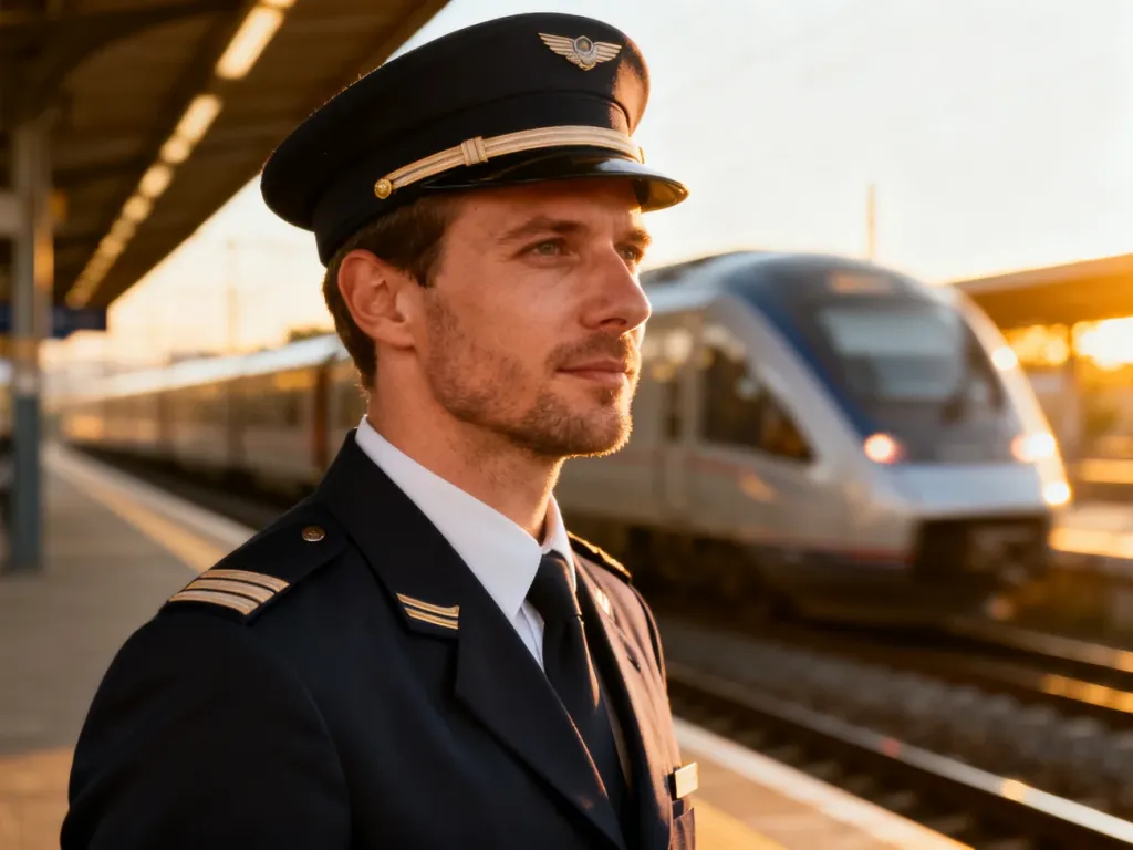 Konduktor PKP w profesjonalnym mundurze stoi na peronie kolejowym na tle nowoczesnego pociągu w świetle zachodzącego słońca.