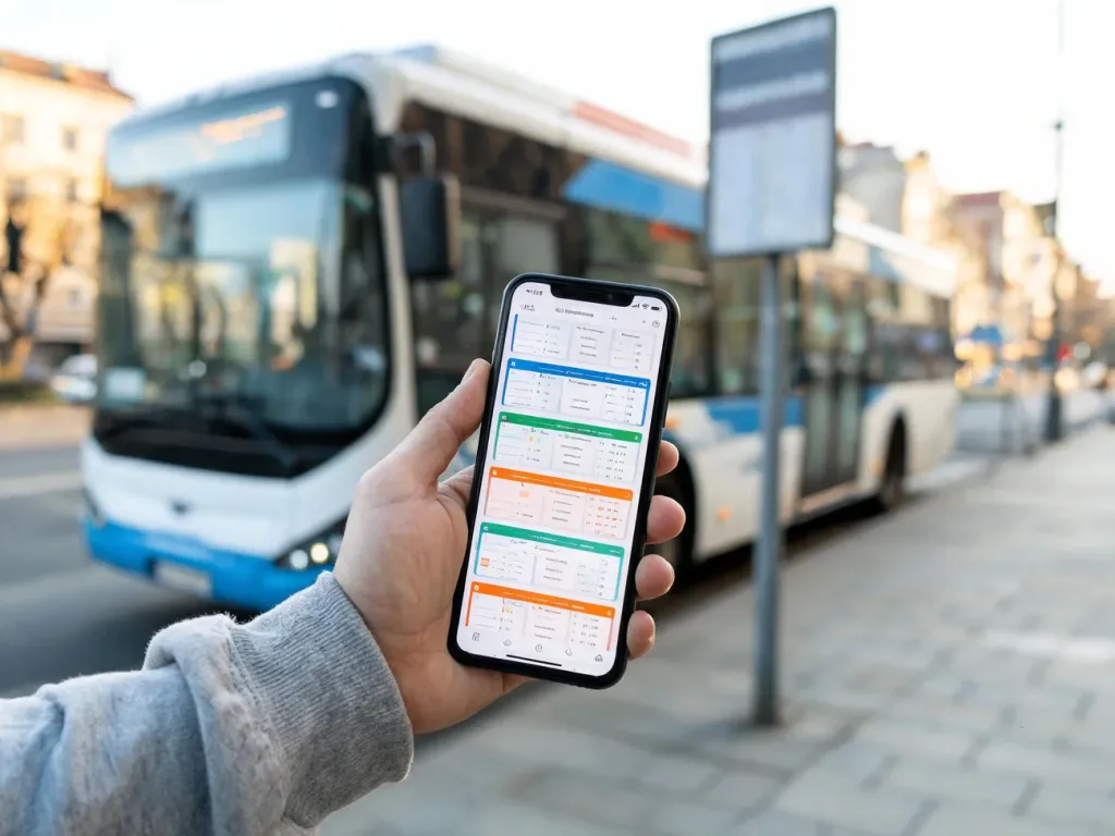 Osoba sprawdza na smartfonie kolorową aplikację z rozkładem jazdy autobusów MPK Częstochowa przy miejskim przystanku.
