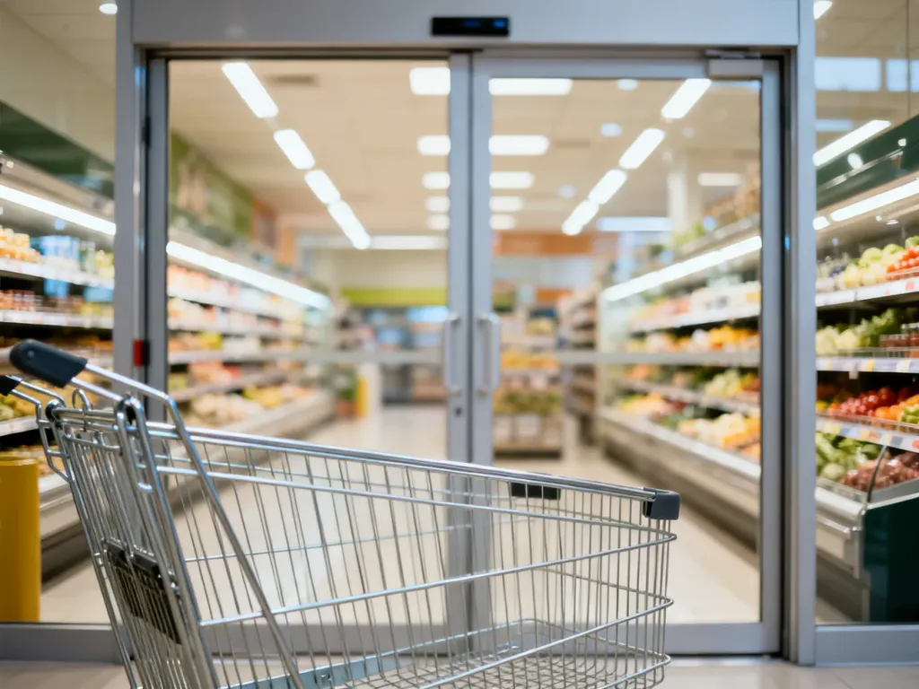 Automatyczne szklane drzwi wejściowe do nowoczesnego supermarketu z widocznym wózkiem sklepowym.