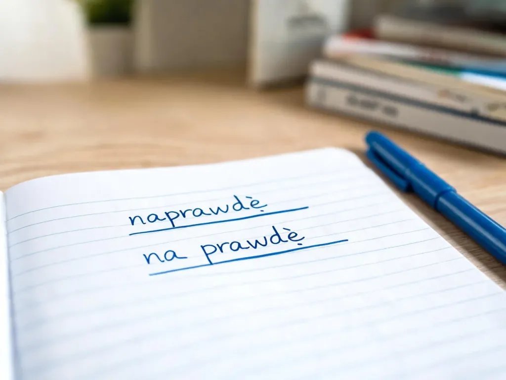 Notatnik z zapisanym „naprawdę / na prawdę” na biurku, obok długopis; nauka poprawnej pisowni języka polskiego