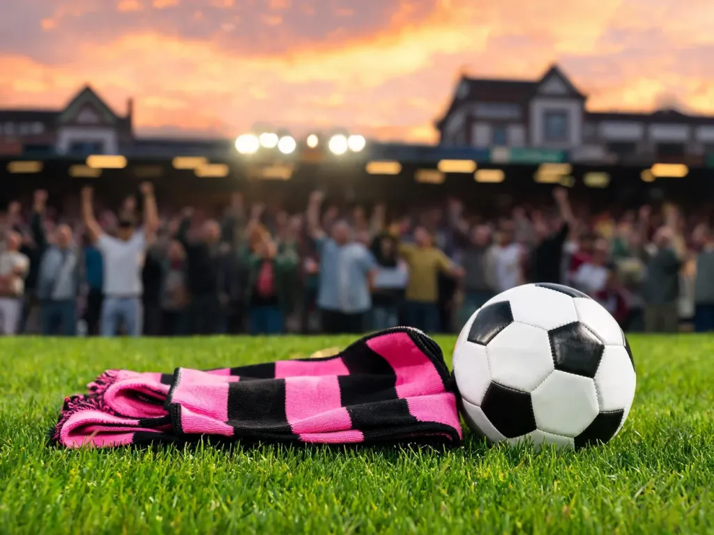Różowo-czarny szalik Inter Miami i piłka na murawie stadionu, w tle kibice i światła meczu ligowego