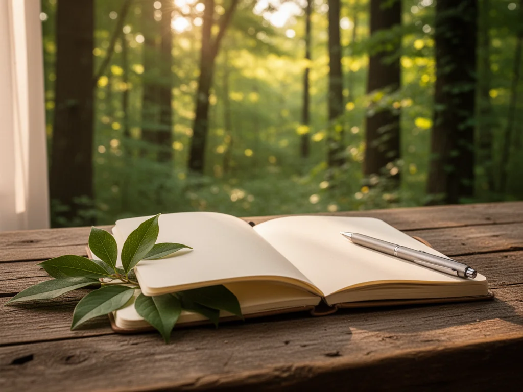Otwarty notes i liście na drewnianym stole z widokiem na zielony las, zachęcające do refleksji i cytatów o naturze
