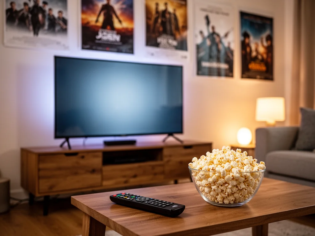 Przytulny salon z włączonym telewizorem i miską popcornu, zachęcający do obejrzenia najpopularniejszego filmu świata.