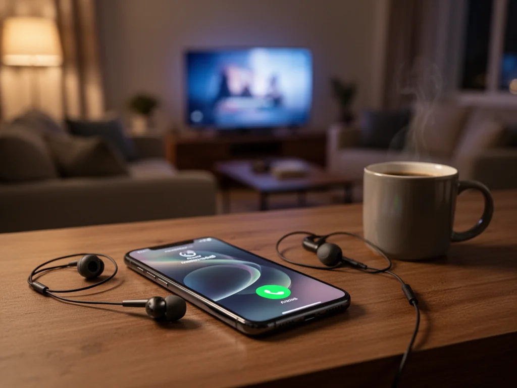 Smartfon z ekranem połączenia i słuchawkami na biurku, w tle kanapa z telewizorem, przytulna atmosfera wieczoru.