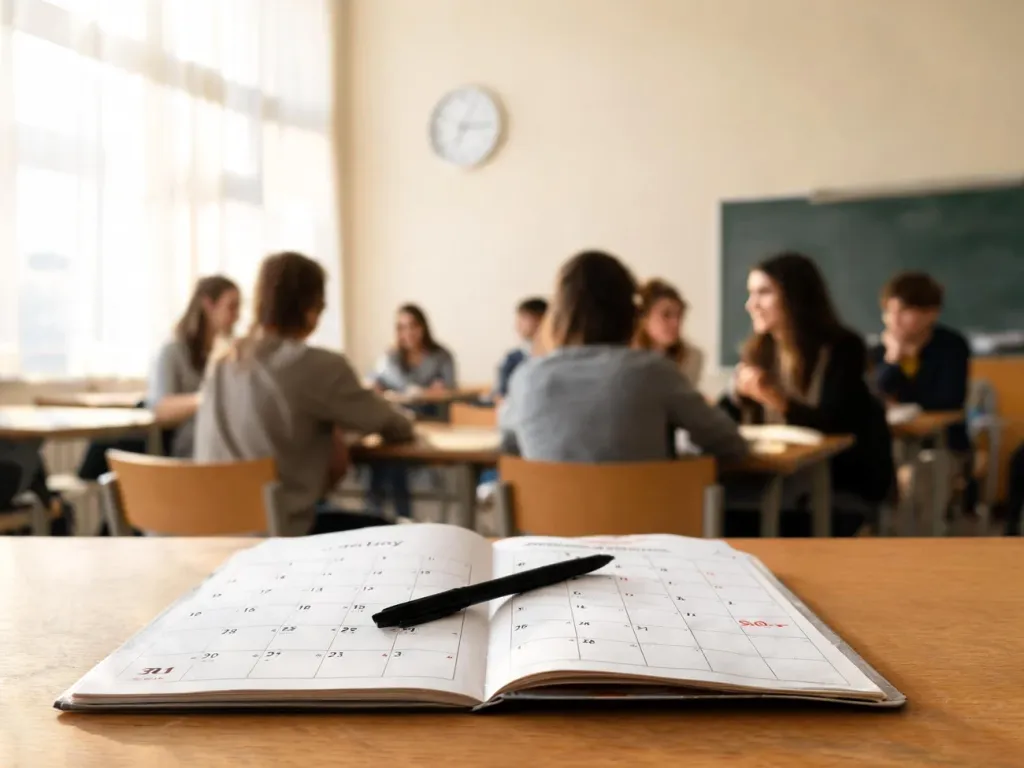 Jasna klasa, na biurku otwarty planner i kalendarz, w tle zegar i studenci, atmosfera końca pierwszego semestru.