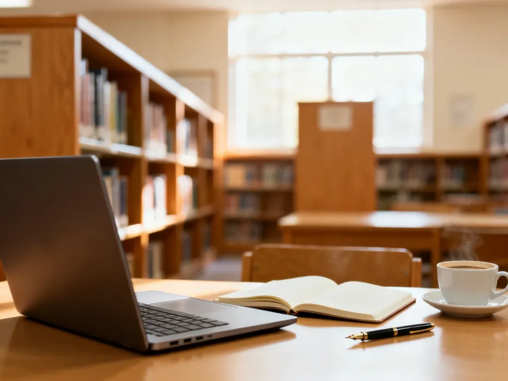 Biurko z laptopem, notatnikiem i kawą w tle szkolnej biblioteki, zachęcające do pisania artykułów.