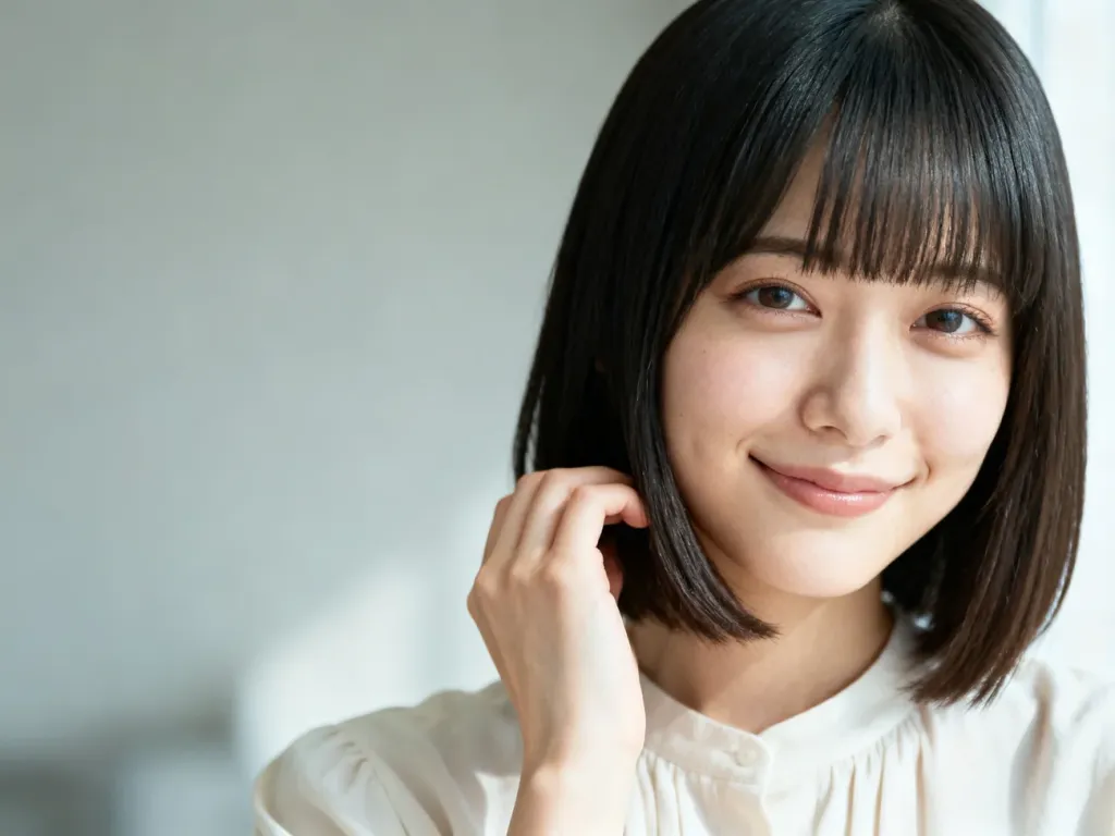 Młoda Japonka z modnym bobem i prostą grzywką, delikatnie dotyka włosów, prezentując nowoczesną fryzurę.