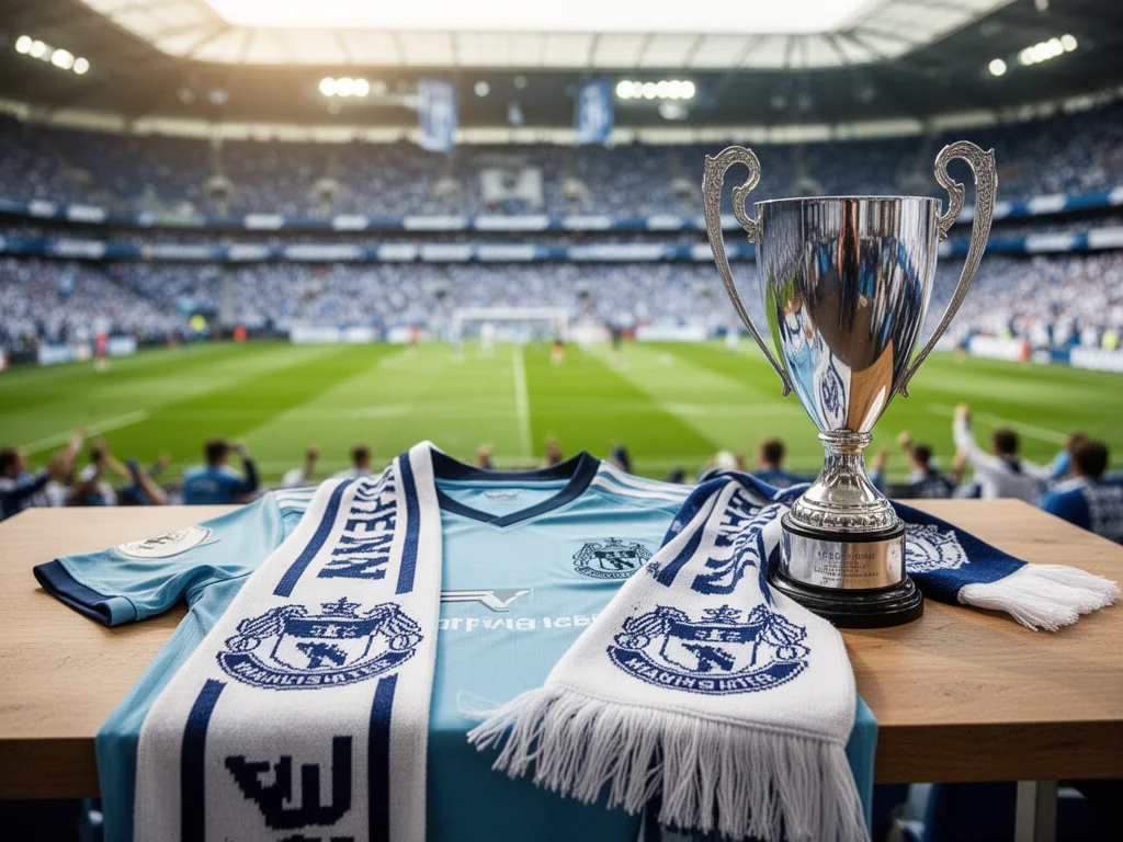 Koszulka Man City, klubowy szalik i srebrne trofeum na tle stadionu, symbolizujące najlepsze sezony i sukcesy klubu