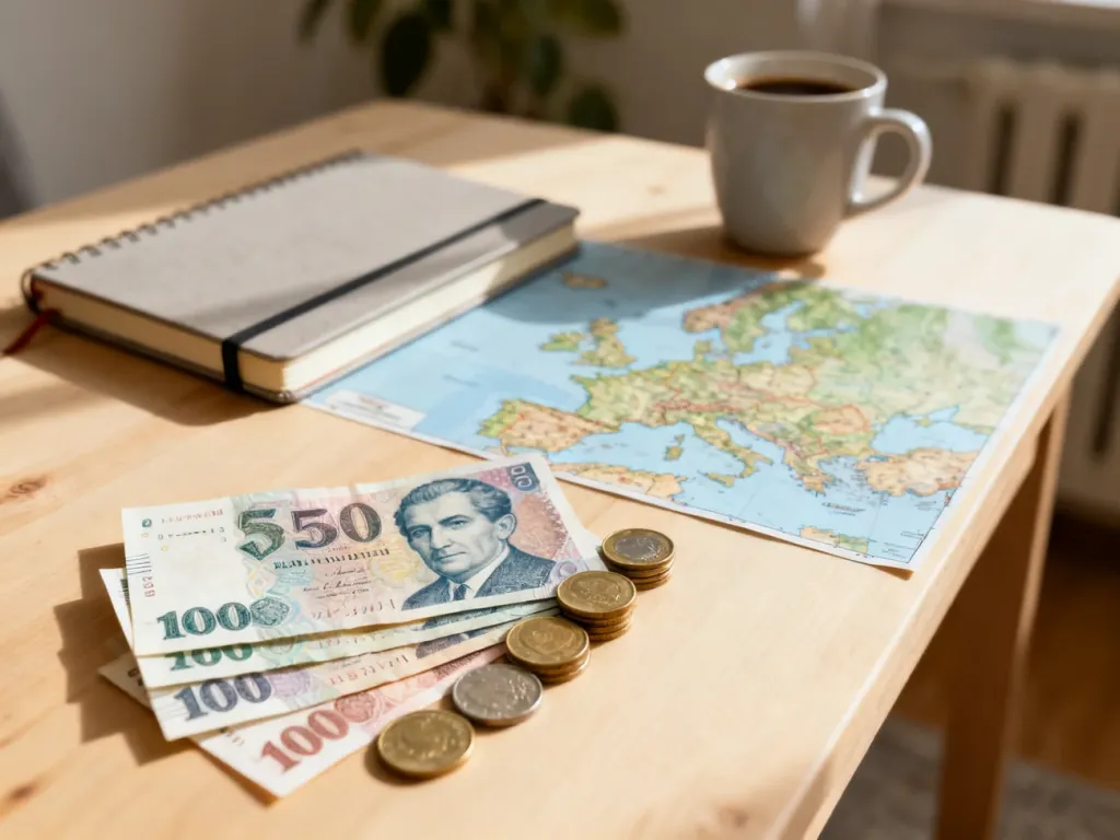 Węgierskie banknoty i monety forinta na stole obok notesu podróżnego, mapy Europy i filiżanki kawy