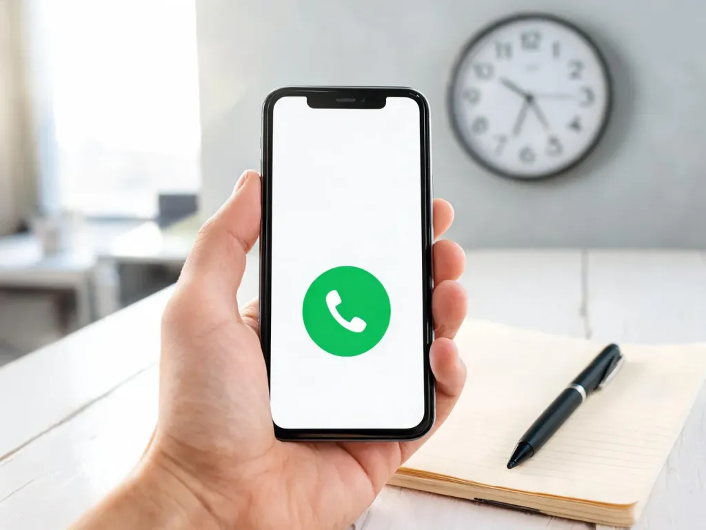 Smartfon z ekranem rozmowy telefonicznej na biurku, w tle zegar wskazujący godziny pracy infolinii LINK4