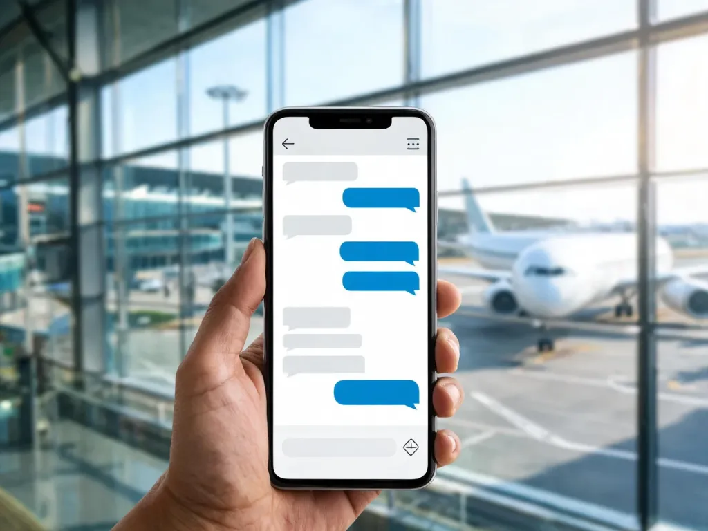 Smartfon z otwartym WhatsAppem na tle lotniska, symbolizujący kontakt z linią LOT przez komunikator.
