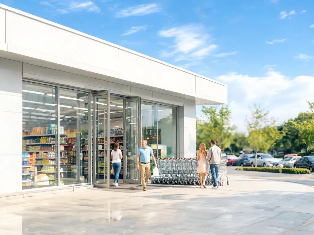 Wejście do nowoczesnego supermarketu Lewiatan w słoneczny dzień, klienci wchodzą i wychodzą z wózkami sklepowymi.