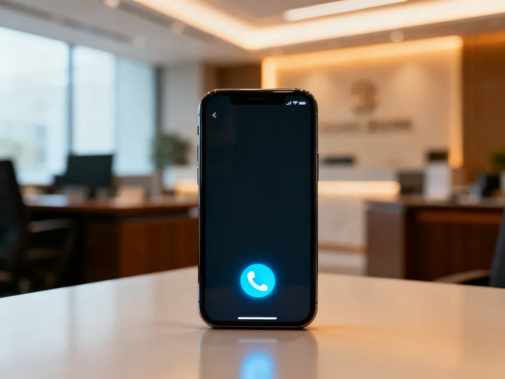 Smartfon z ikoną połączenia na tle nowoczesnego wnętrza banku, symbolizujący szybki kontakt z konsultantem.