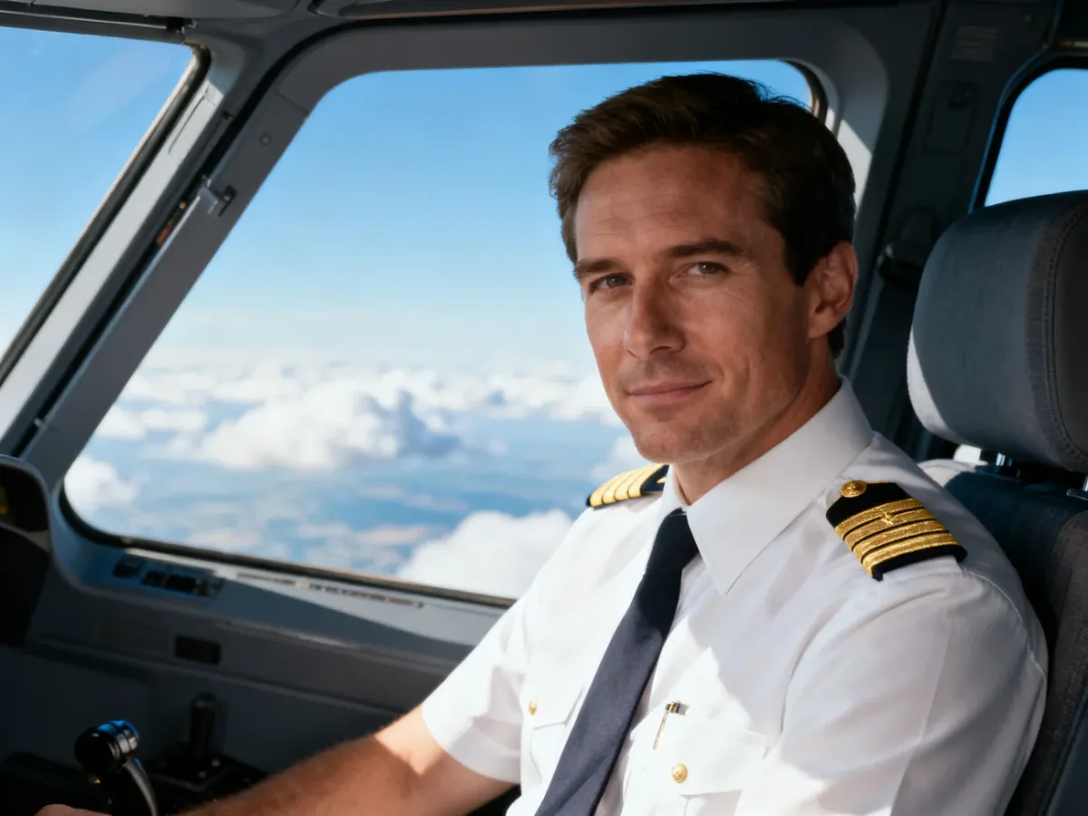 Pilot w profesjonalnym mundurze siedzący w kokpicie samolotu, patrzący przez okno na błękitne niebo.