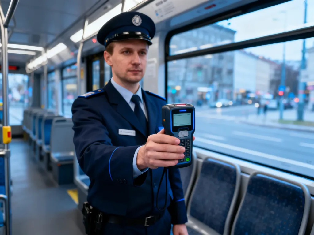 Kontroler biletów z czytnikiem w nowoczesnym tramwaju w Warszawie.