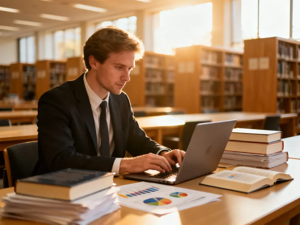 Naukowiec pracujący przy biurku w bibliotece uniwersyteckiej, otoczony książkami i wykresami.