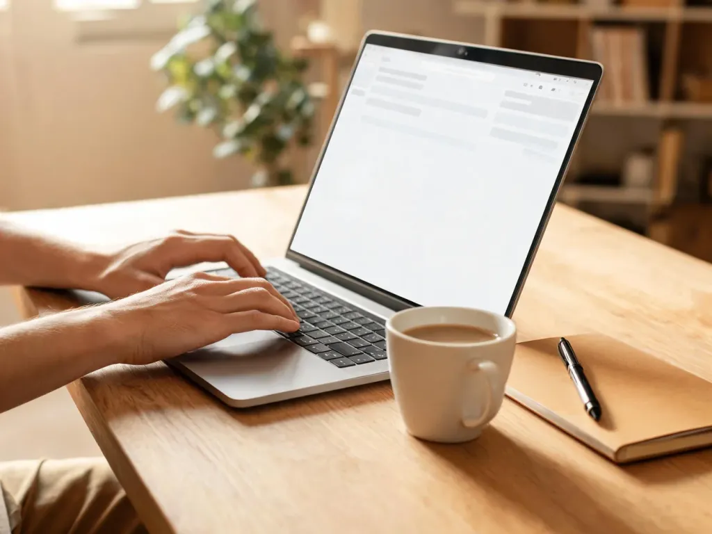Osoba pisząca e‑mail na laptopie przy biurku, nawiązanie do poprawnej pisowni „mail” czy „meil” w języku polskim.