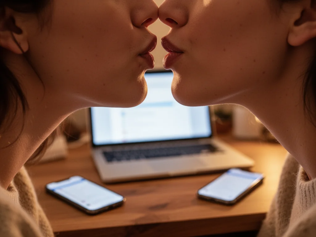 Zbliżenie namiętnego pocałunku w ciepłym świetle, w tle rozmyty laptop i smartfon sugerujące szukanie gifów online