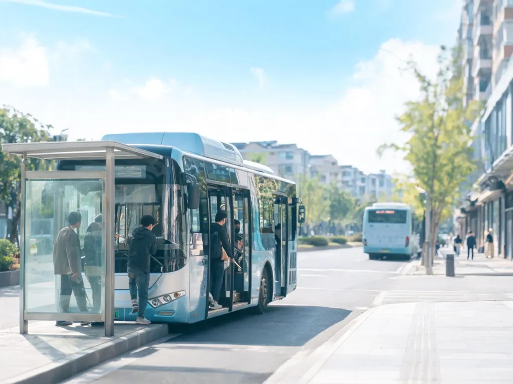 Nowoczesny autobus MZK Bytom na przystanku w dzień, pasażerowie wsiadają i wysiadają w uporządkowanej miejskiej scenerii.