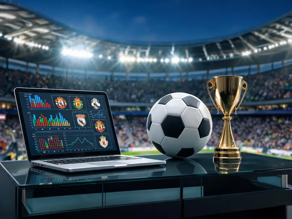 Analityczne biurko piłkarskie z wykresami, herbami klubów, piłką i trofeum na tle rozświetlonego stadionu mundialu