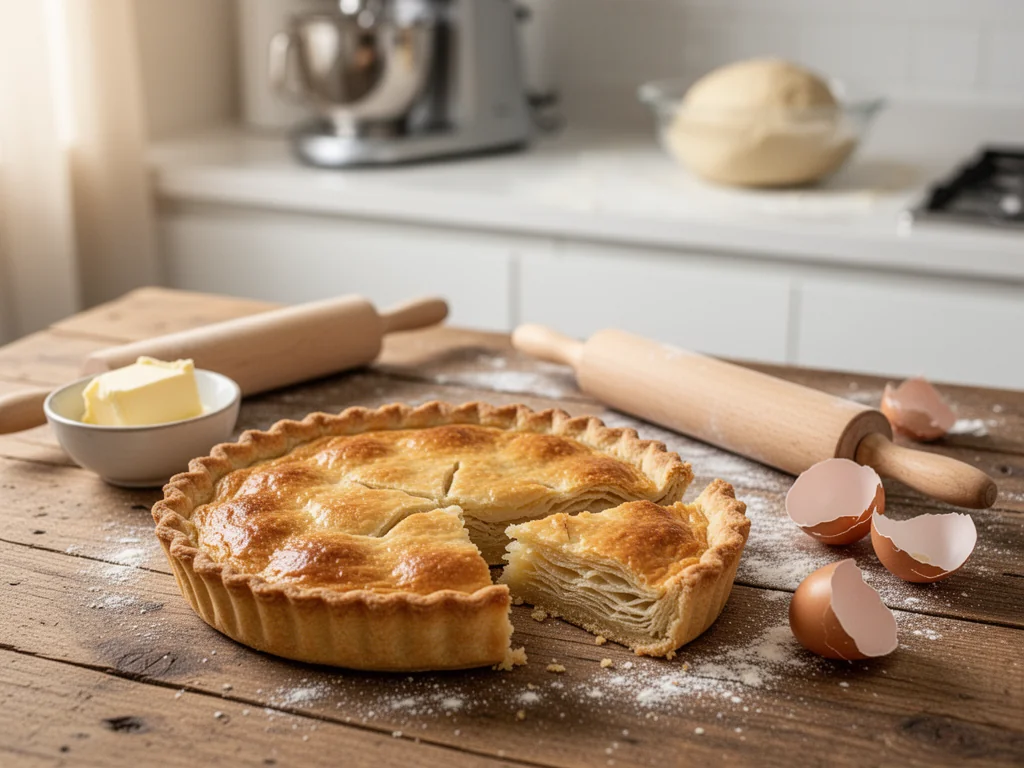 Złocista tarta z kruchego ciasta na drewnianym blacie, w tle Thermomix i składniki do pieczenia, domowy, przytulny klimat.