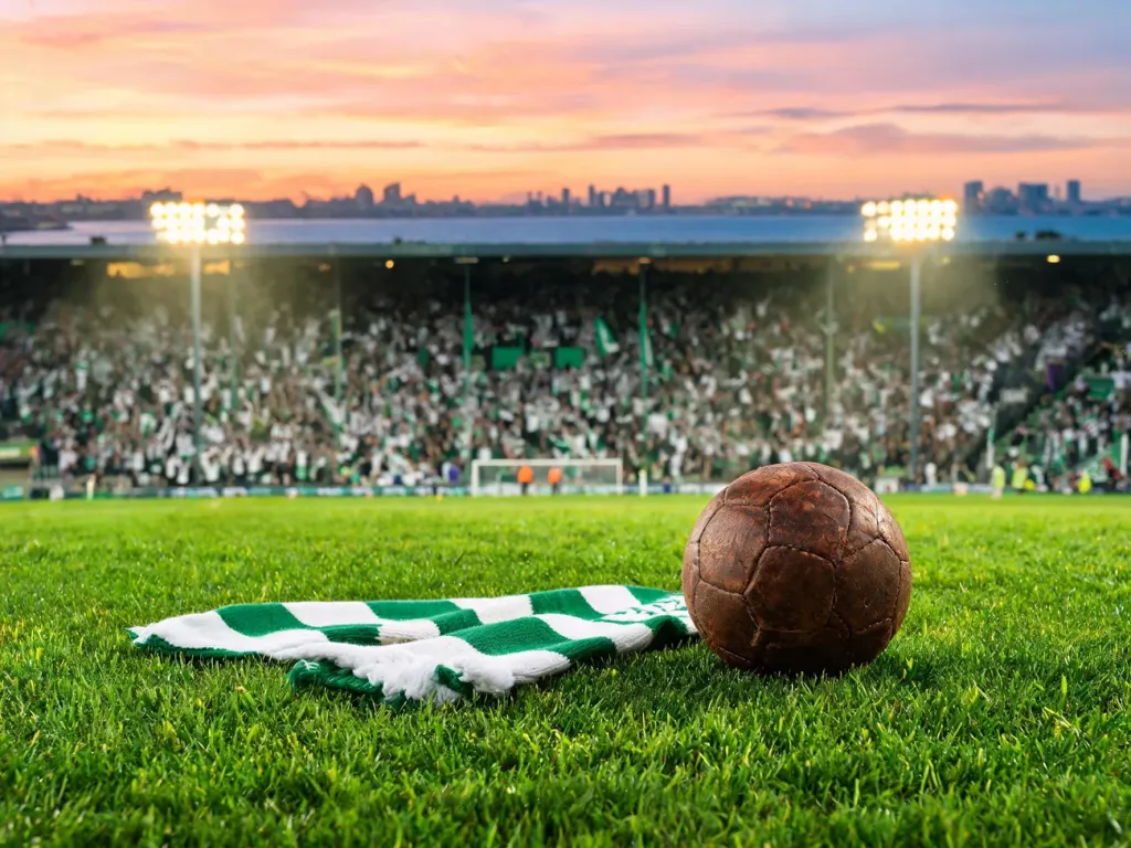 Stadion Lechii Gdańsk o zachodzie słońca, biało‑zielony szalik i stara piłka na murawie, kibice świętują na trybunach.