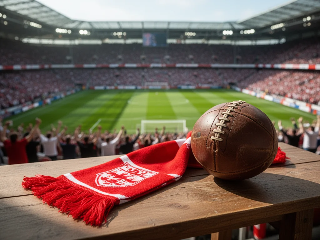 Czerwony szalik i piłka na tle nowoczesnego stadionu, symbolizujące prestiżowe miejsce Liverpoolu w Anglii i Europie.