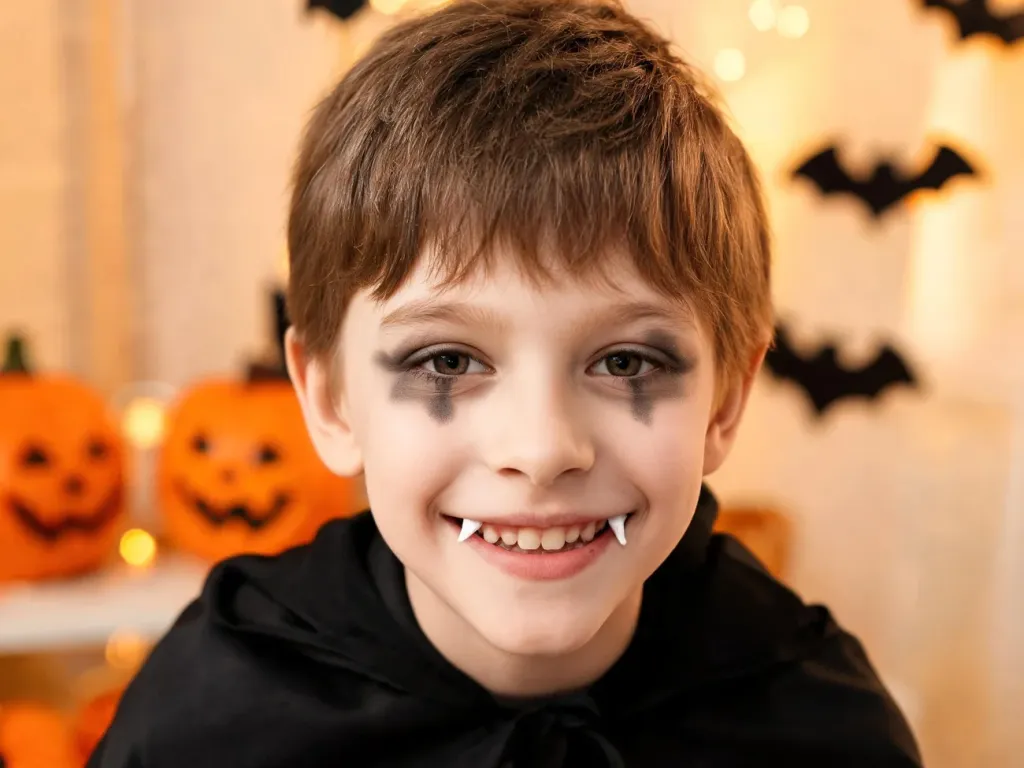 Uśmiechnięte dziecko w łagodnym makijażu wampira z peleryną, w ciepłym, przyjaznym halloweenowym otoczeniu.