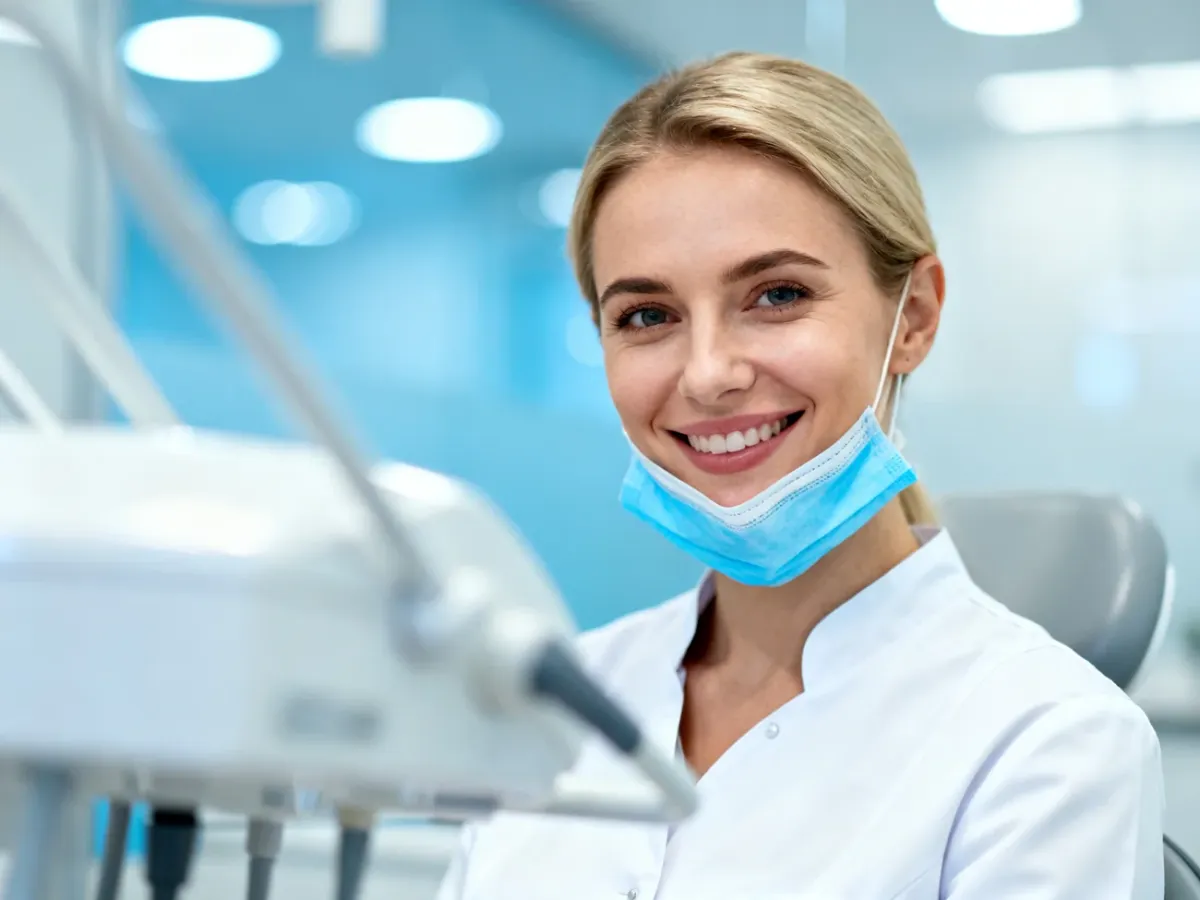 Uśmiechnięta dentystka w białym fartuchu i maseczce na tle nowoczesnego gabinetu stomatologicznego.
