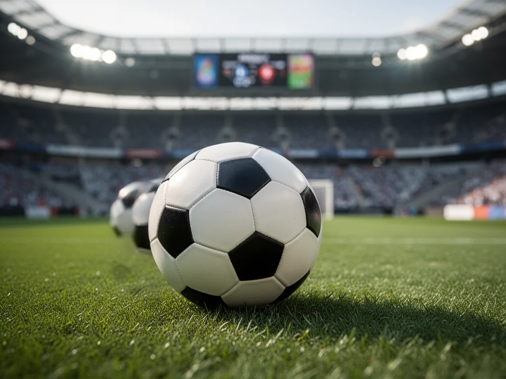 Piłka nożna na murawie stadionu, w tle trybuny i światła, symbolizujące rywalizację i tabele ligowe ŁKS Łomża.