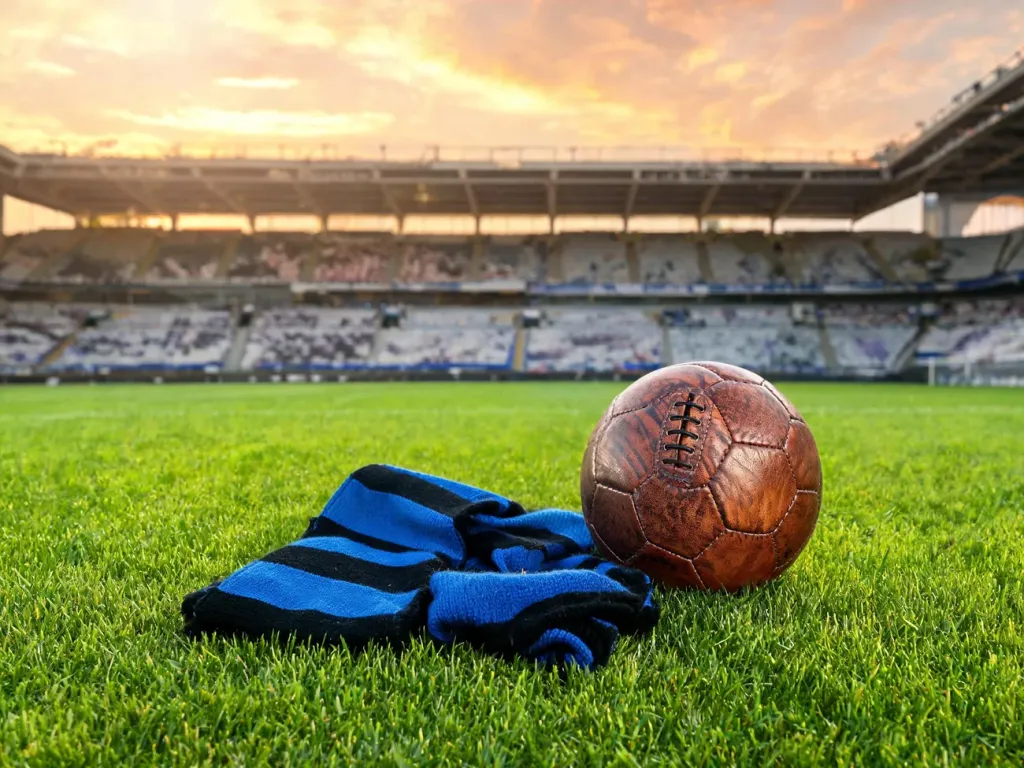 Stadion piłkarski o zachodzie słońca, na murawie stara piłka i szalik w czarno‑niebieskich barwach Interu Mediolan