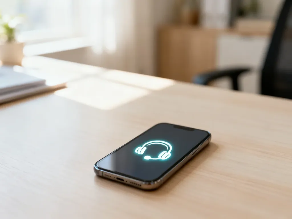 Nowoczesny smartfon z ikoną słuchawek wsparcia technicznego na ekranie, leżący na biurku w przytulnym domowym biurze.