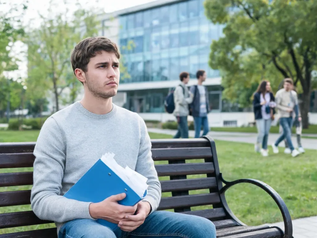 Zatroskany student przed nowoczesnym budynkiem uczelni, zamyślony i niepewny swoich szans z listy rezerwowej.