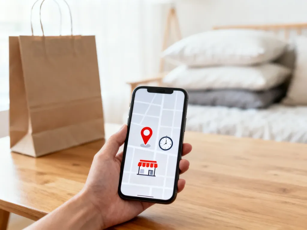Smartfon z mapą, pinezką Jysk i ikoną zegara, sugerujący sprawdzanie aktualnych godzin otwarcia sklepu