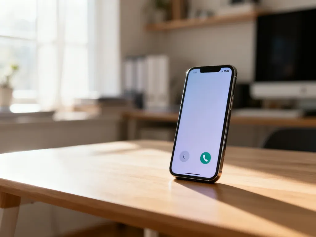 Nowoczesny smartfon z ikoną połączenia na drewnianym biurku, symbolizujący łatwy kontakt z infolinią Orange.