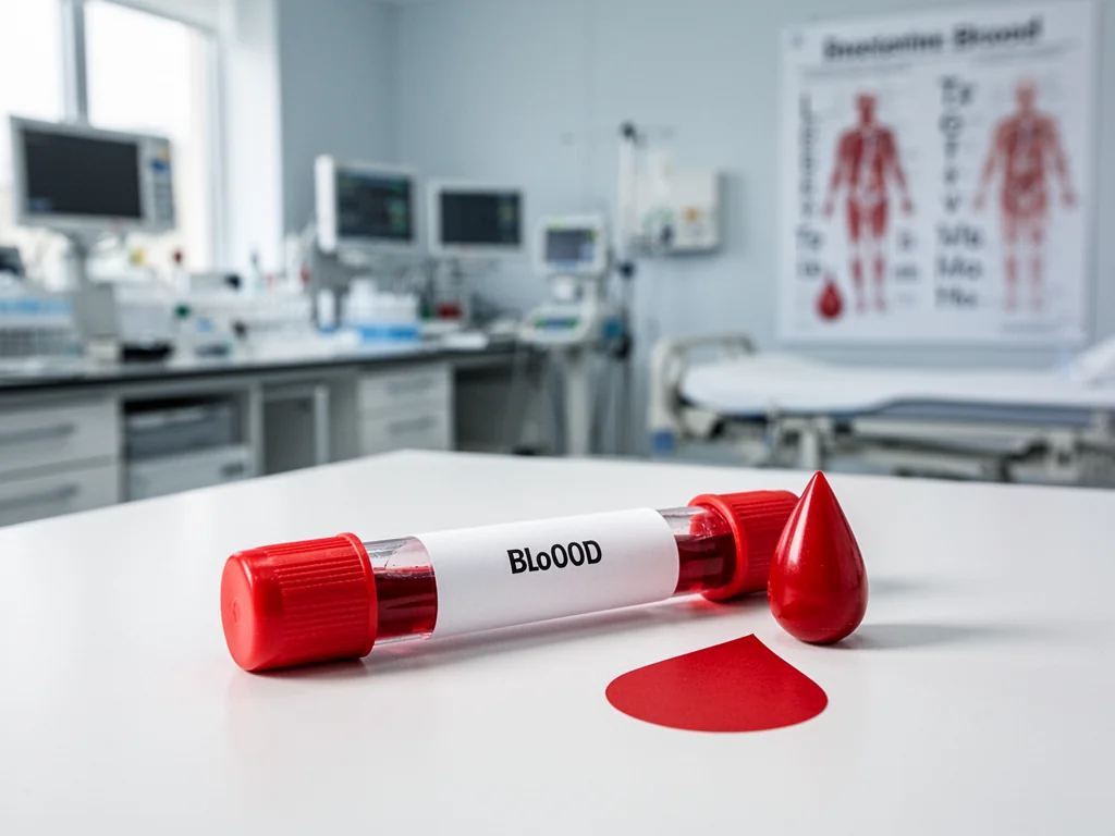 Probówka z krwią i ikoną kropli na tle laboratorium, ilustrujące temat najpopularniejszej grupy krwi.