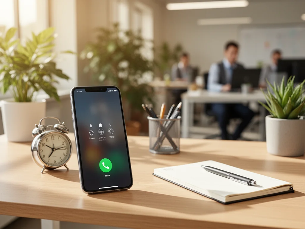Smartfon z ekranem połączenia obok zegarka i notesu na biurku, w tle rozmyte biuro obsługi klienta w ciepłym świetle.