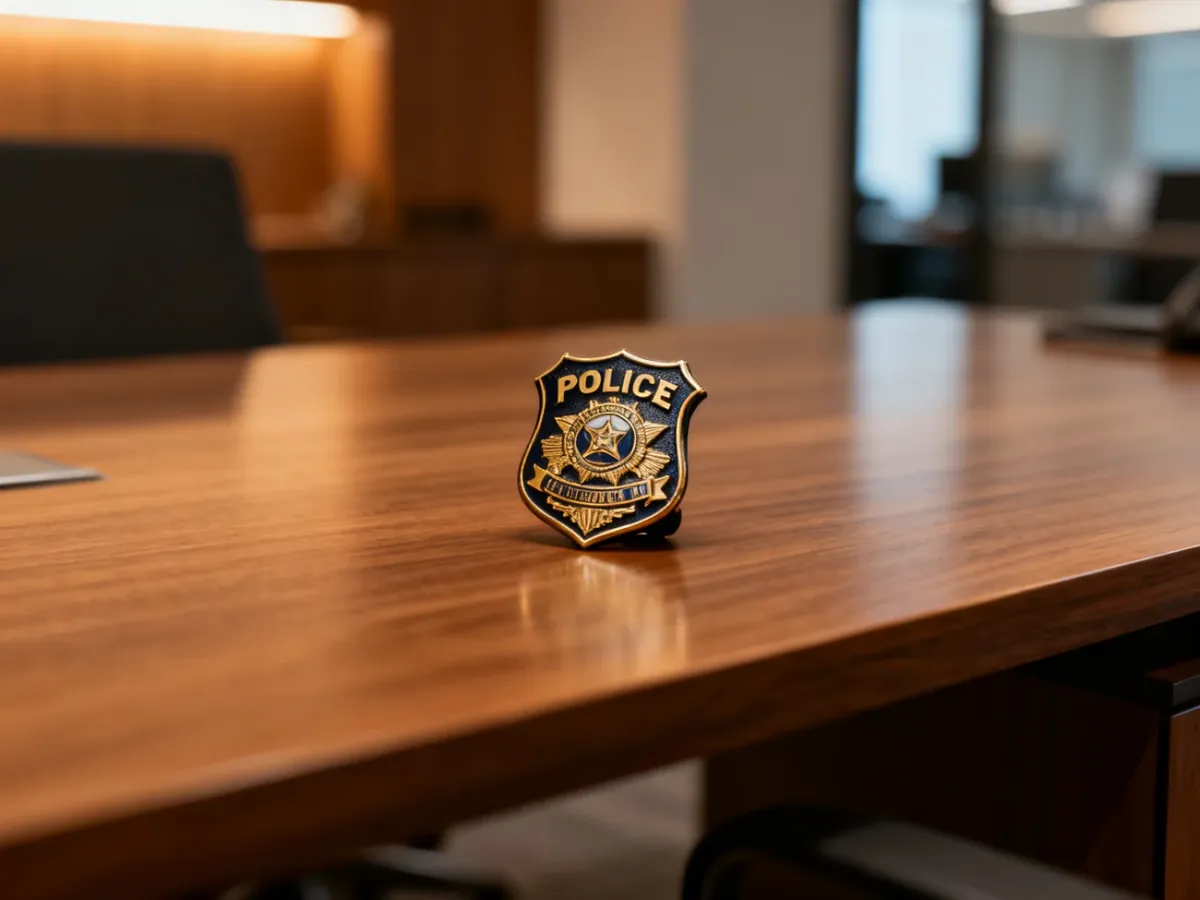 Odznaka policyjna leżąca na drewnianym biurku w nowoczesnym biurze, symbolizująca pracę w amerykańskiej policji.