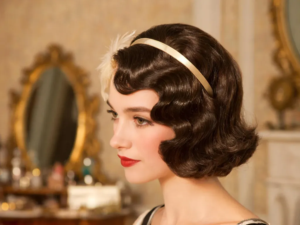 Kobieta w krótkim bobie z falami i opaską z piórkiem, elegancka fryzura retro w stylu lat 20.