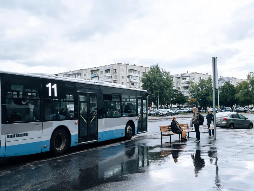 Autobus miejski linii 11 na mokrym przystanku w Gnieźnie, z oczekującymi pasażerami i zabudową miasta w tle.