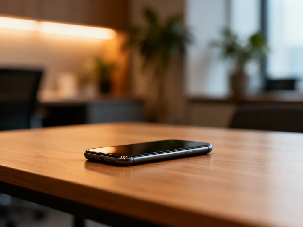 Nowoczesny smartfon na biurku, symbolizujący łatwy dostęp do wsparcia i kontaktu z infolinią Nest Banku.