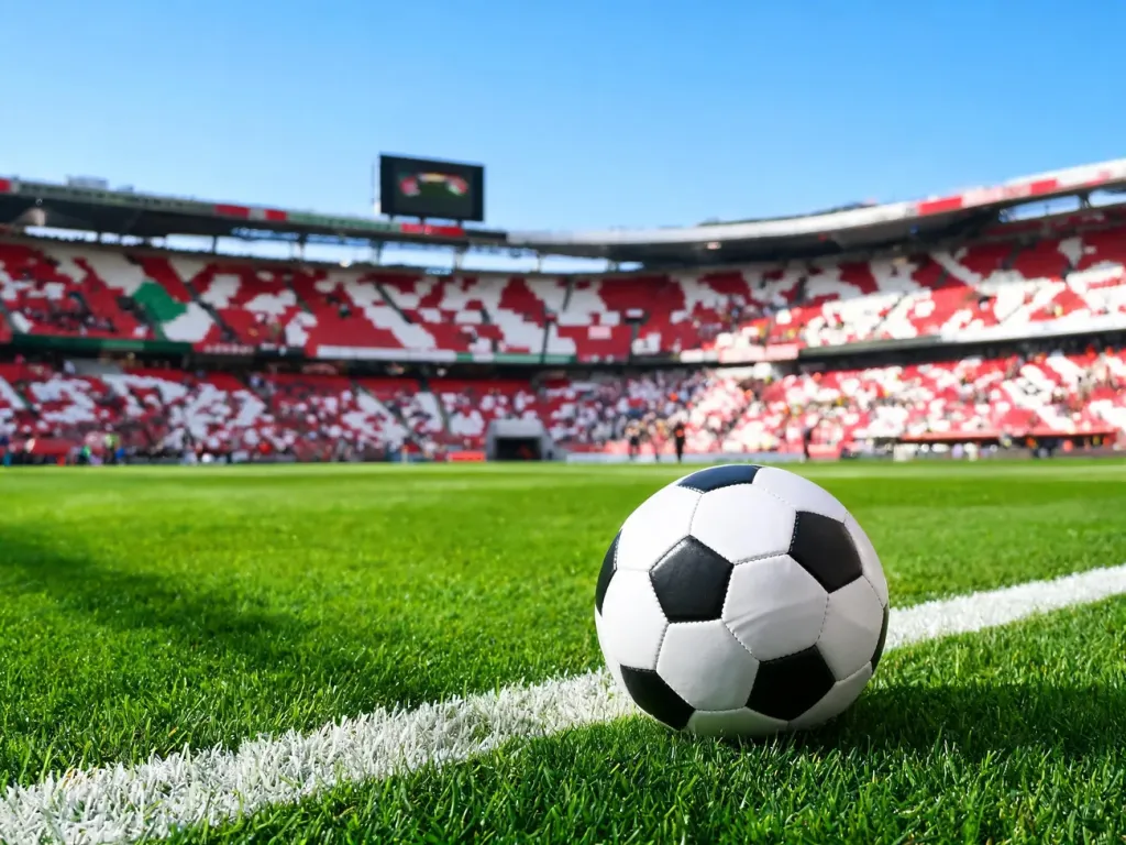 Piłka na zielonym boisku przy linii bocznej portugalskiego stadionu, zapowiadająca emocje i statystyki ligi.