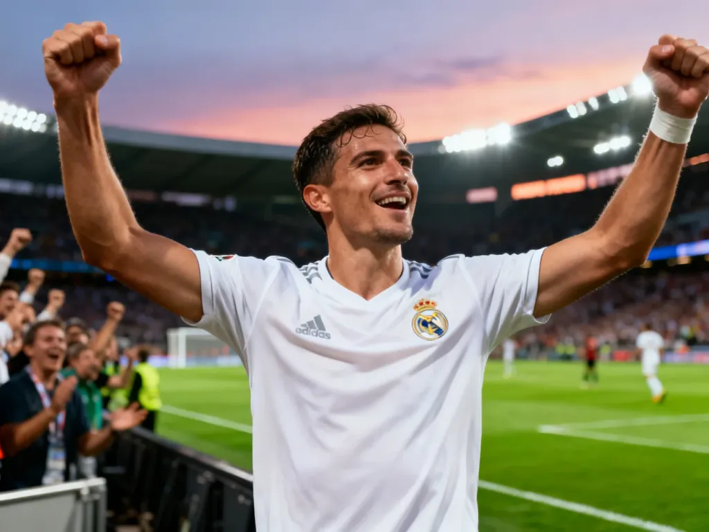 Jude Bellingham w białej koszulce unosi ręce po golu na nowoczesnym stadionie, w tle kibice i murawa o zmierzchu