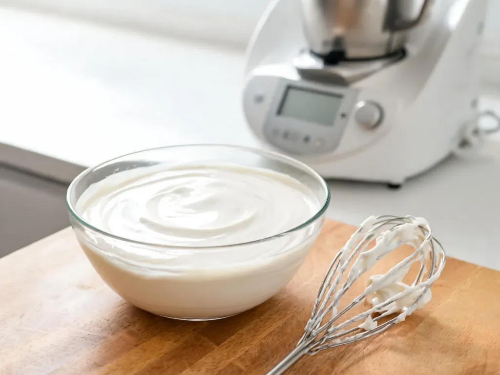 Gładki, biały lukier bez białka w szklanej misce obok Thermomixa, gotowy do dekorowania wypieków